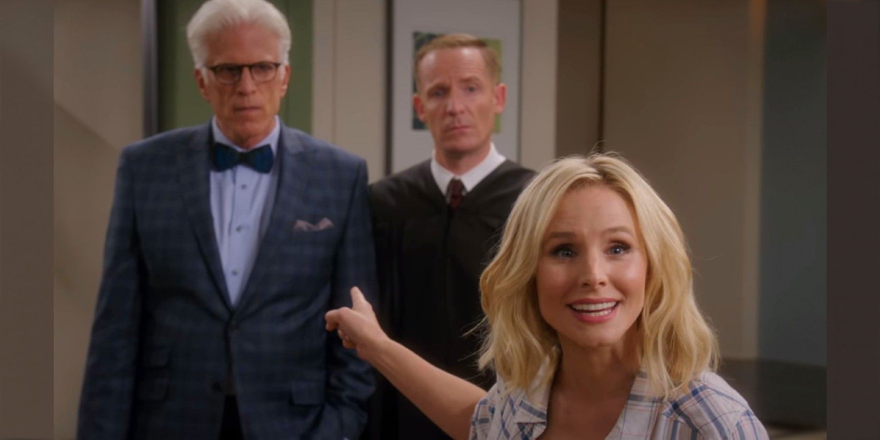 Eleanor pointing out "This is the bad place!" to Michael and Shawn in The Good Place "Michael's Gambit"