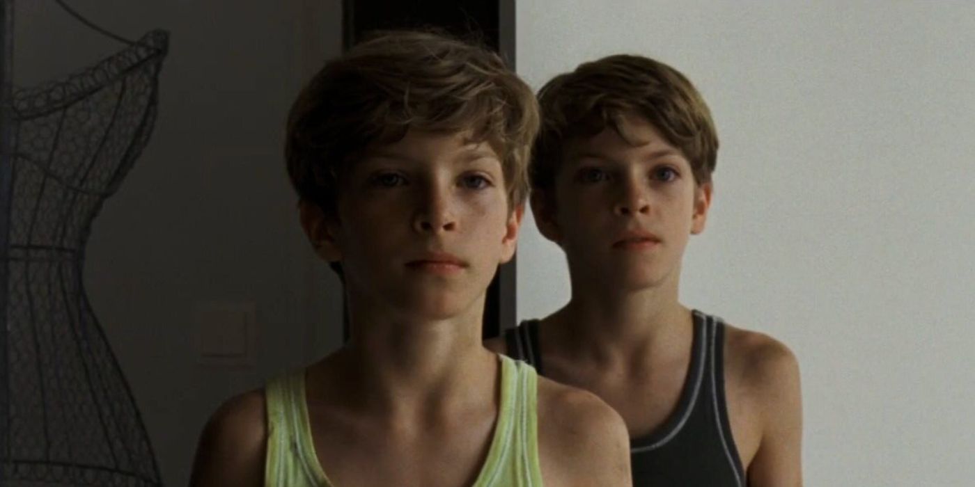 Two twin brothers looking intently ahead in Goodnight Mommy