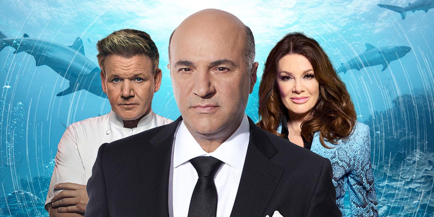 Kevin O'leary from Shark Tank With Lisa Vanderpump and Gordon Ramsay against a shark background