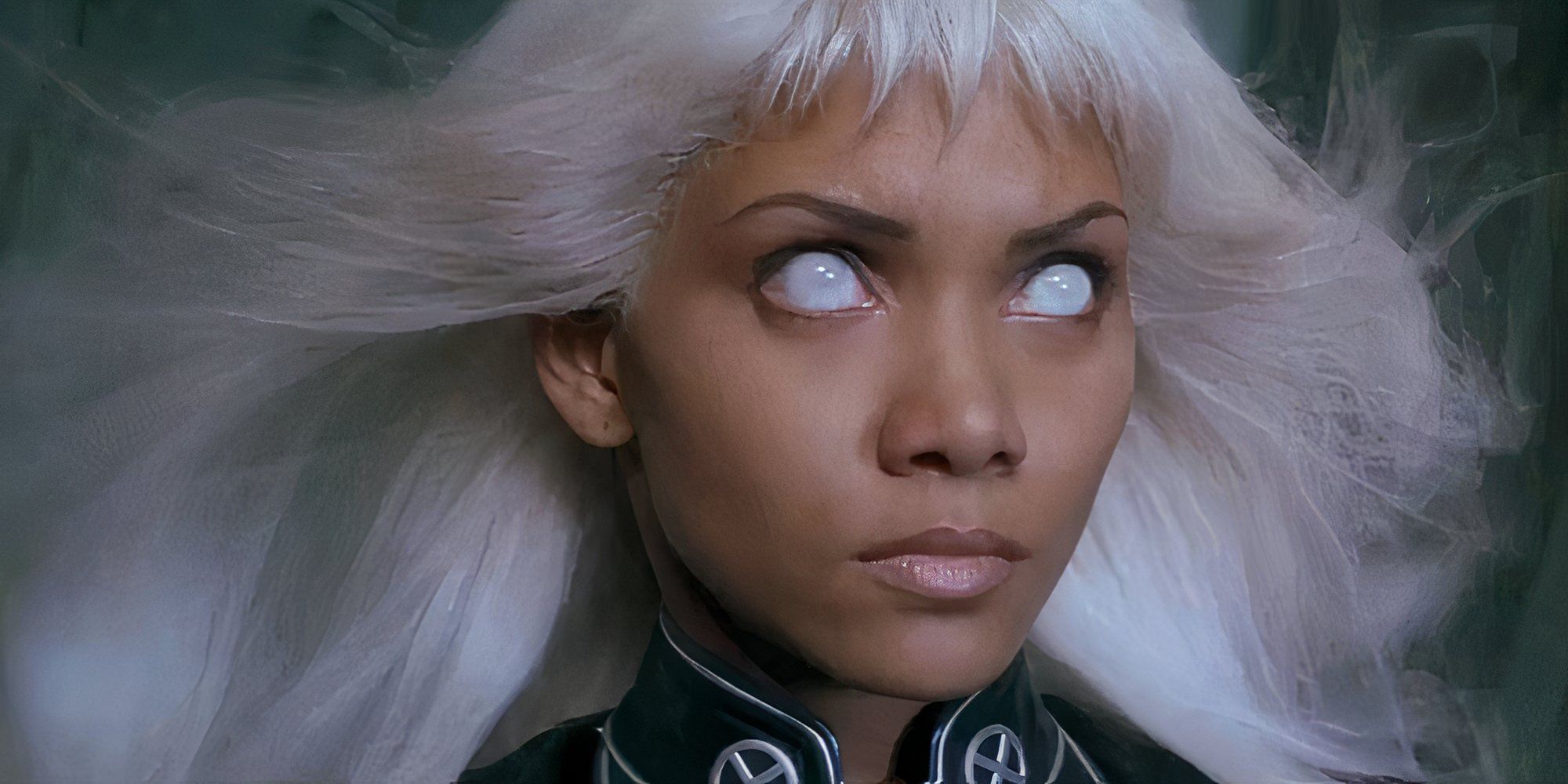 Storm with glowing white eyes and wind on her face in X-Men.