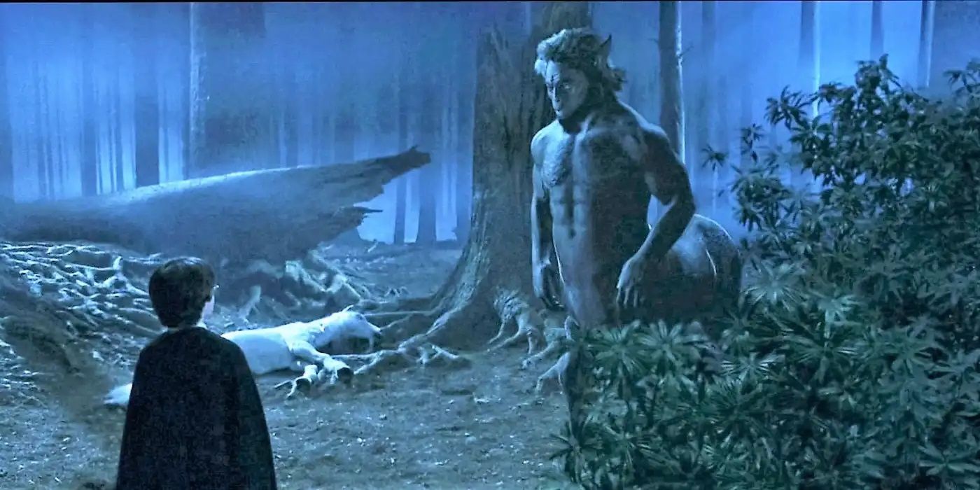 Firenze, a centaur, meets with Harry Potter in the woods next to a dead unicorn 