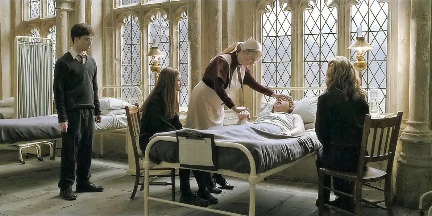 Harry, Ginny, Hermione, and Madam Pomfrey watch over Ron in a hospital bed