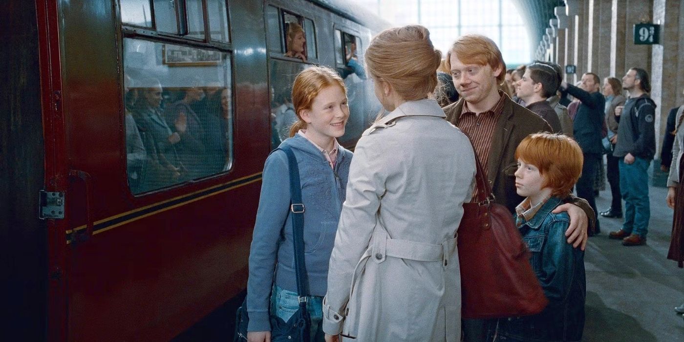 Hermione and Ron (Emma Watson and Rupert Grint) with their children Rose (Helena Barlow) and Hugo (Ryan Turner) in the epilogue of Harry Potter and the Deathly Hallows — Part 2