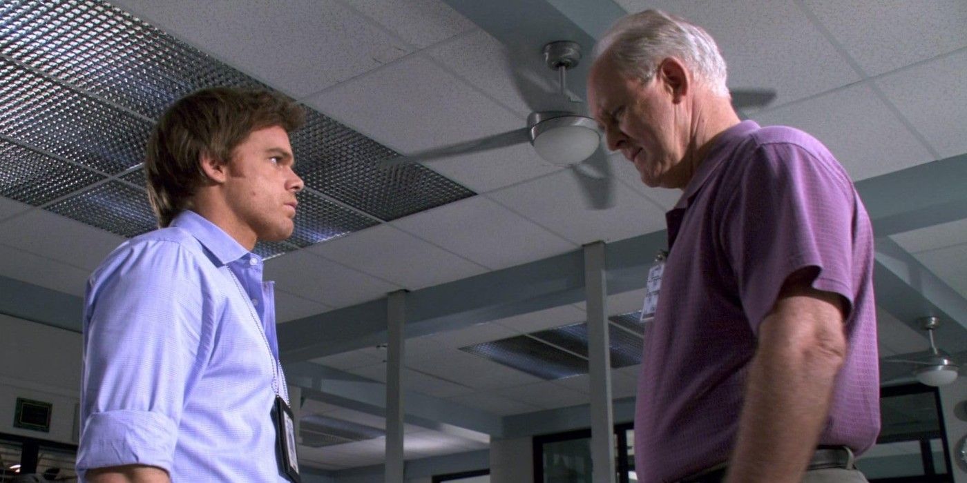 Arthur and Dexter stand face to face in the Miami PD office