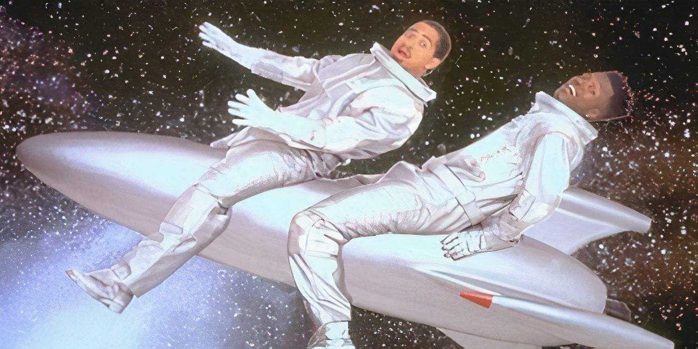 Two men on a rocket ship going into space in Homeboys in Outer Space.