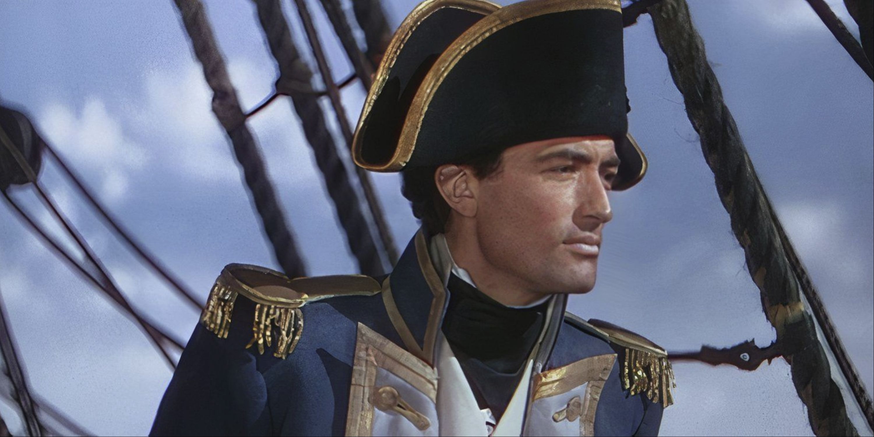 Gregory Peck as Captain Horatio Hornblower looking to the distance