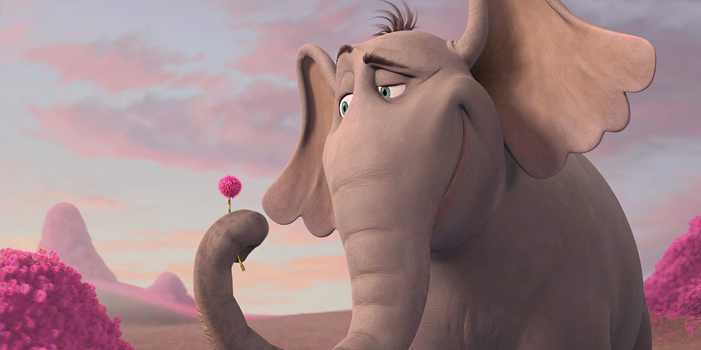 Horton (voiced by Jim Carrey), a happy elephant, holds a small flowers proudly in 'Horton Hears a Who!' (2008).