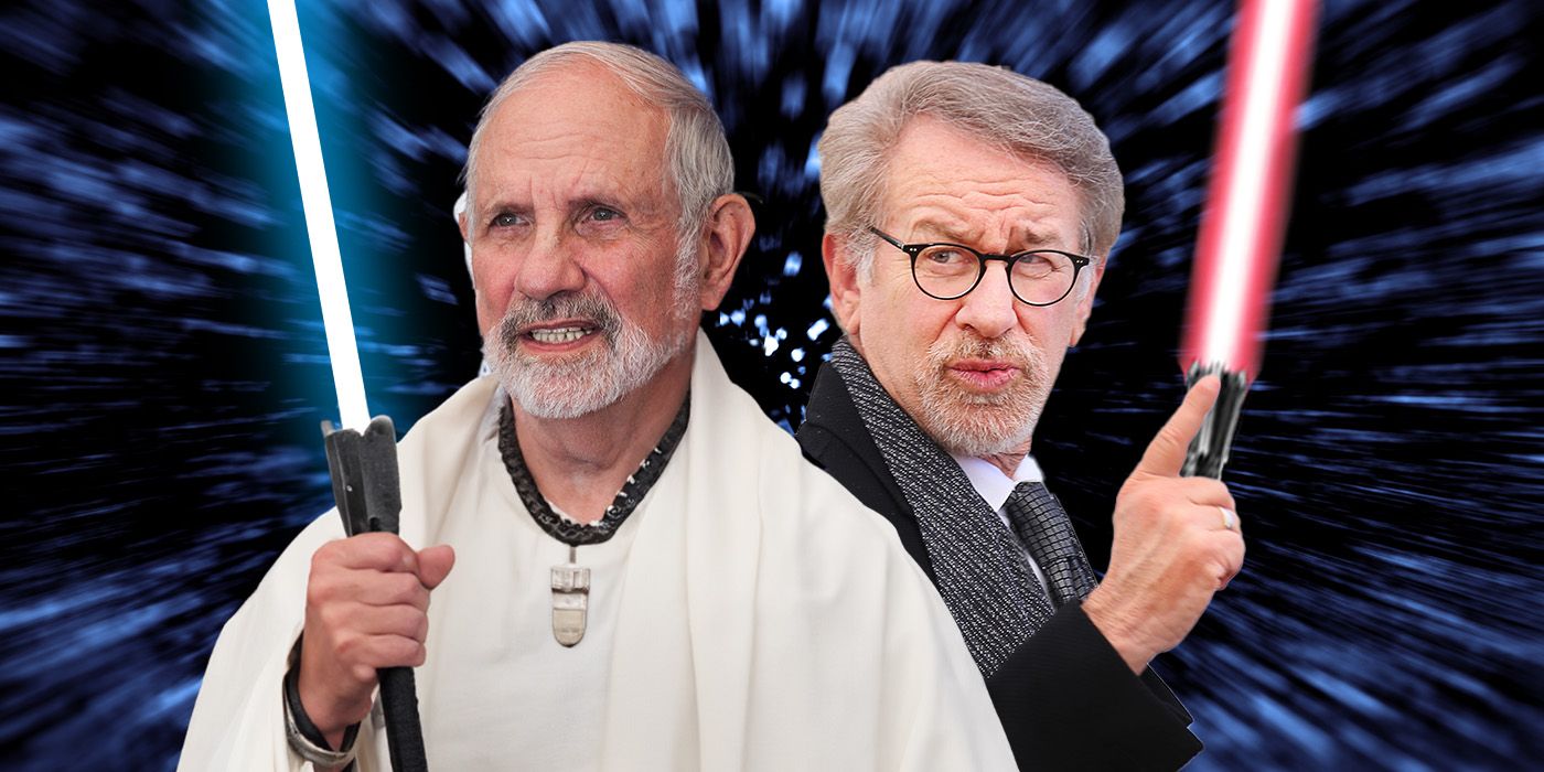 Brian De Palma and Steven Spielberg holding lightsabers with a  ‘Star Wars’ hyperspeed background