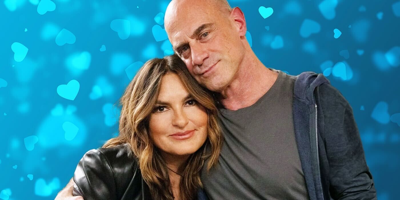 Mariska Hargitay and Chris Meloni over a heart background 