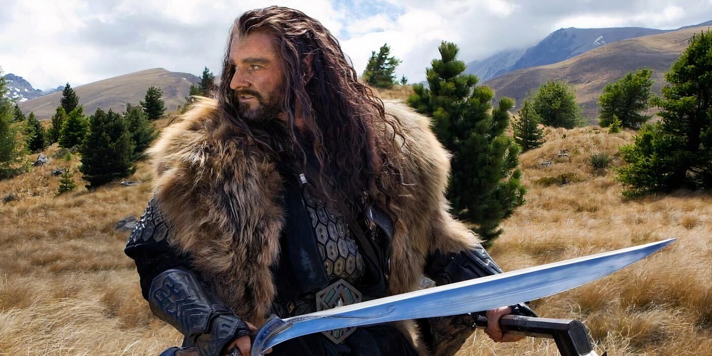 Thorin Oakenshield from 'The Hobbit' holding the Orcrist sword. 
