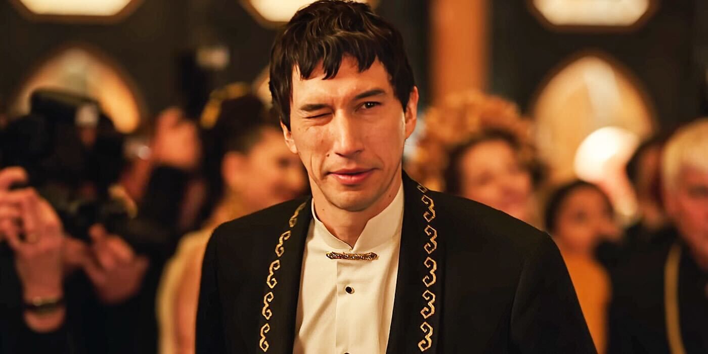 Adam Driver as Caesar Catalina winking in Francis Ford Coppola's Megalopolis. 
