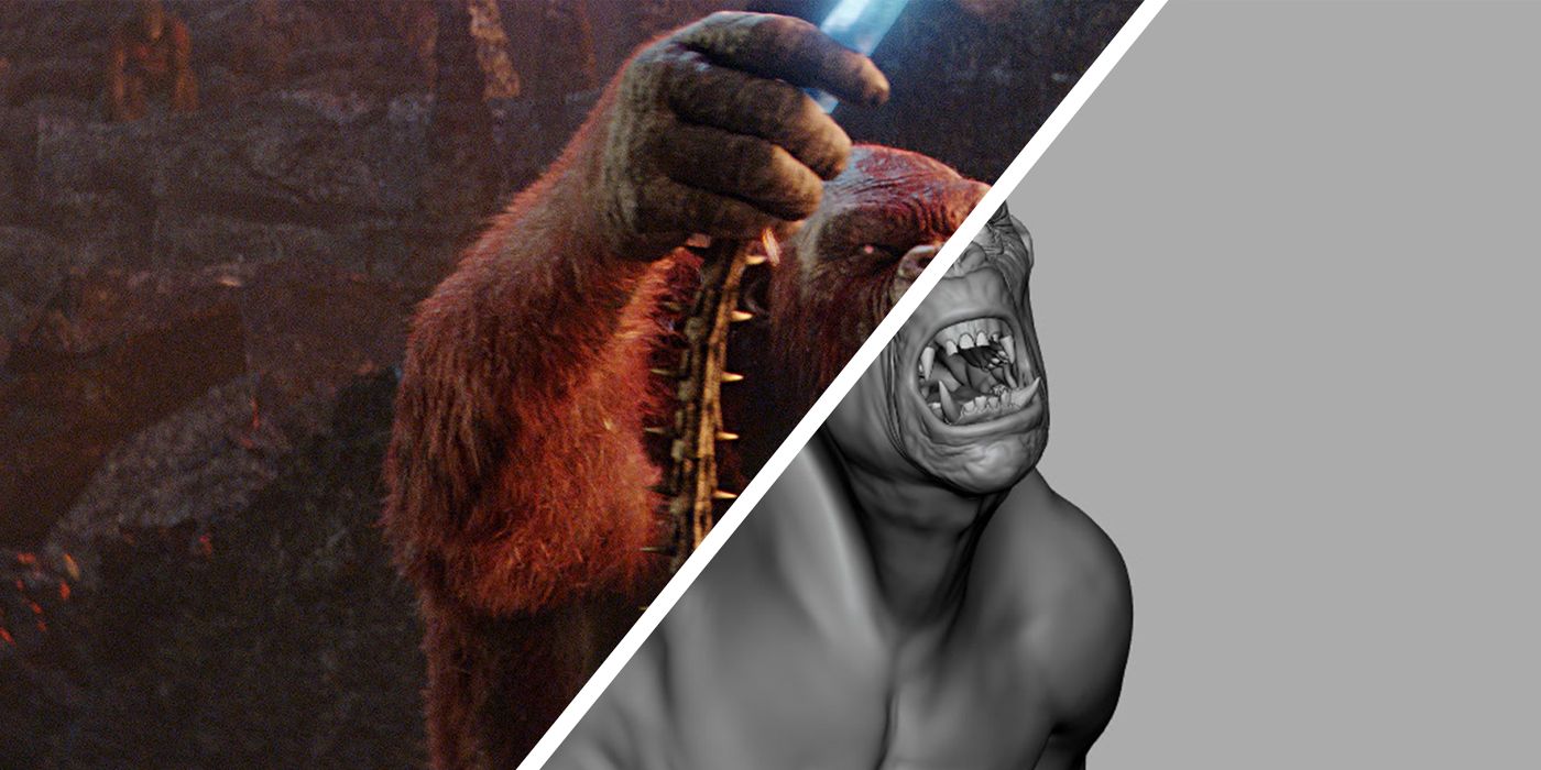 A split shot of Skar King before and after VFX in Godzilla x Kong: The New Empire