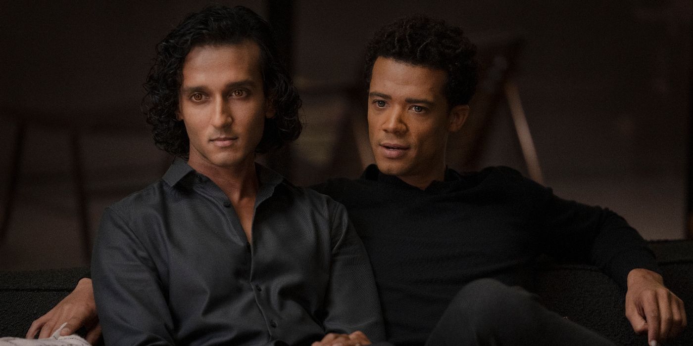 Assad Zaman and Jacob Anderson sitting on a couch in Interview with the Vampire Season 2