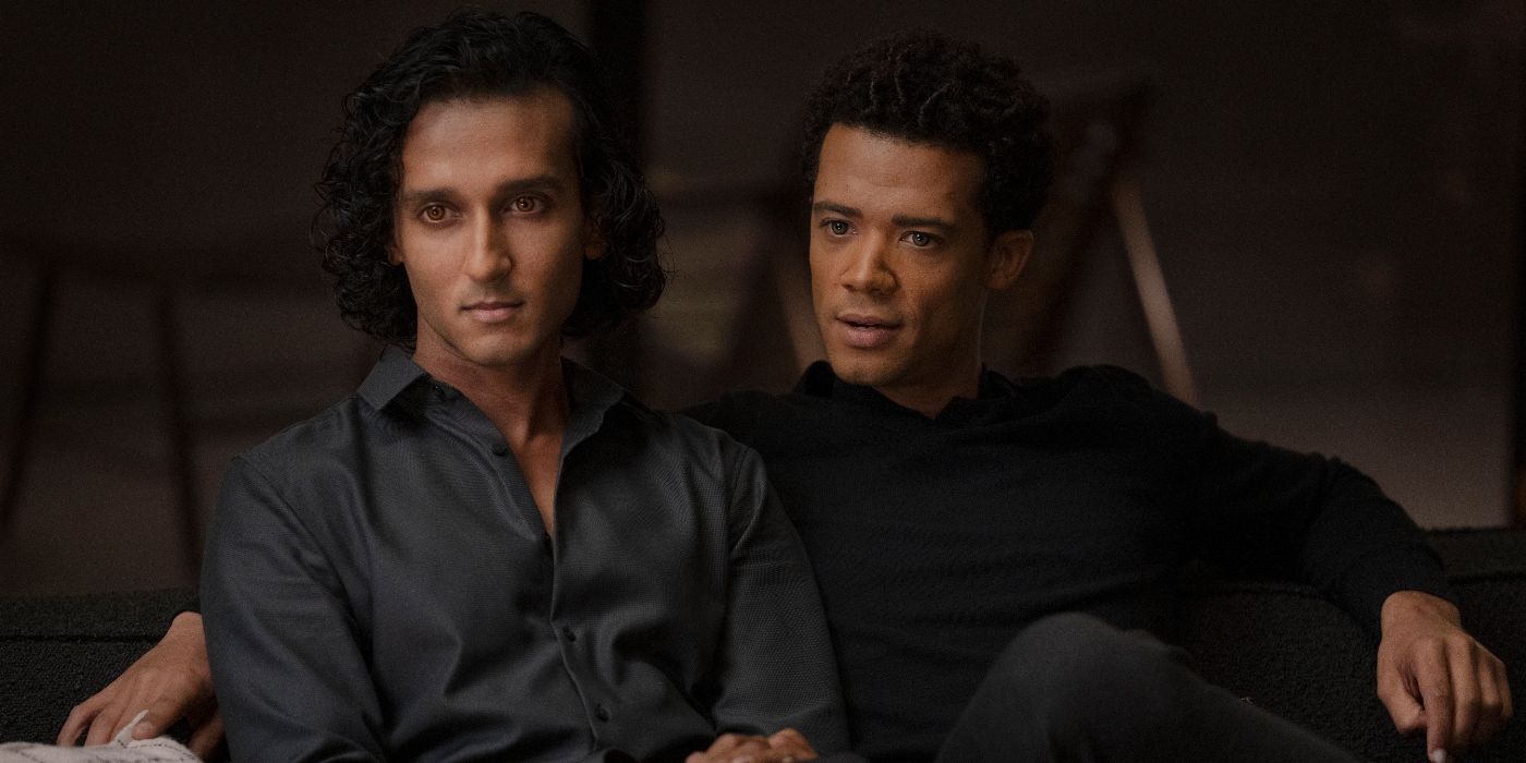 Assad Zaman as Armand and Jacob Anderson as Louis sitting on a couch in Interview with the Vampire Season 2