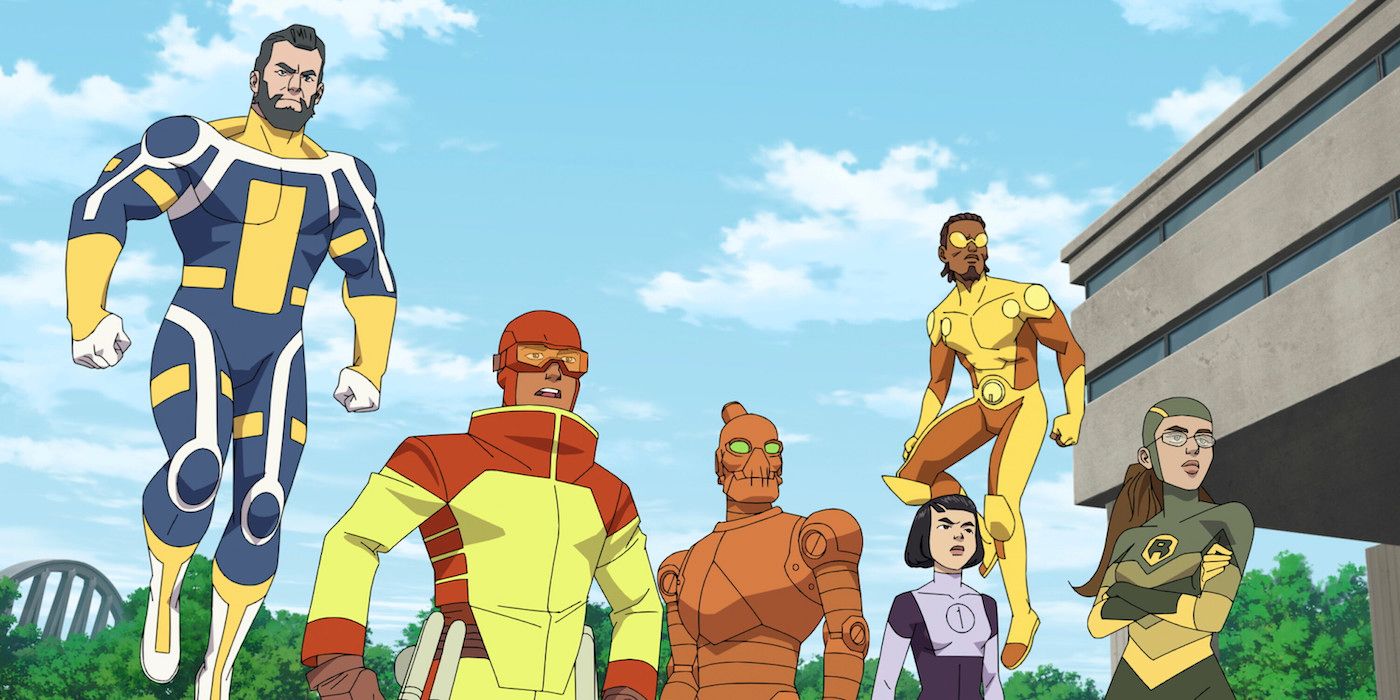 The Guardians of the Globe - including the Immortal, Robot, Res Splode, Dupli-Kate, Shrinking Rae and Bulletproof stand together