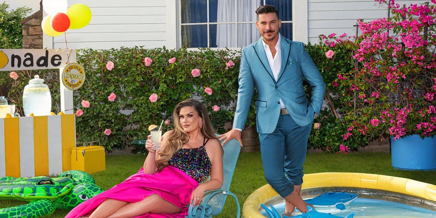 Jax Taylor standing in a kiddie pool while Brittany Cartwright lounges and drinks lemonade in a promotion for the Valley