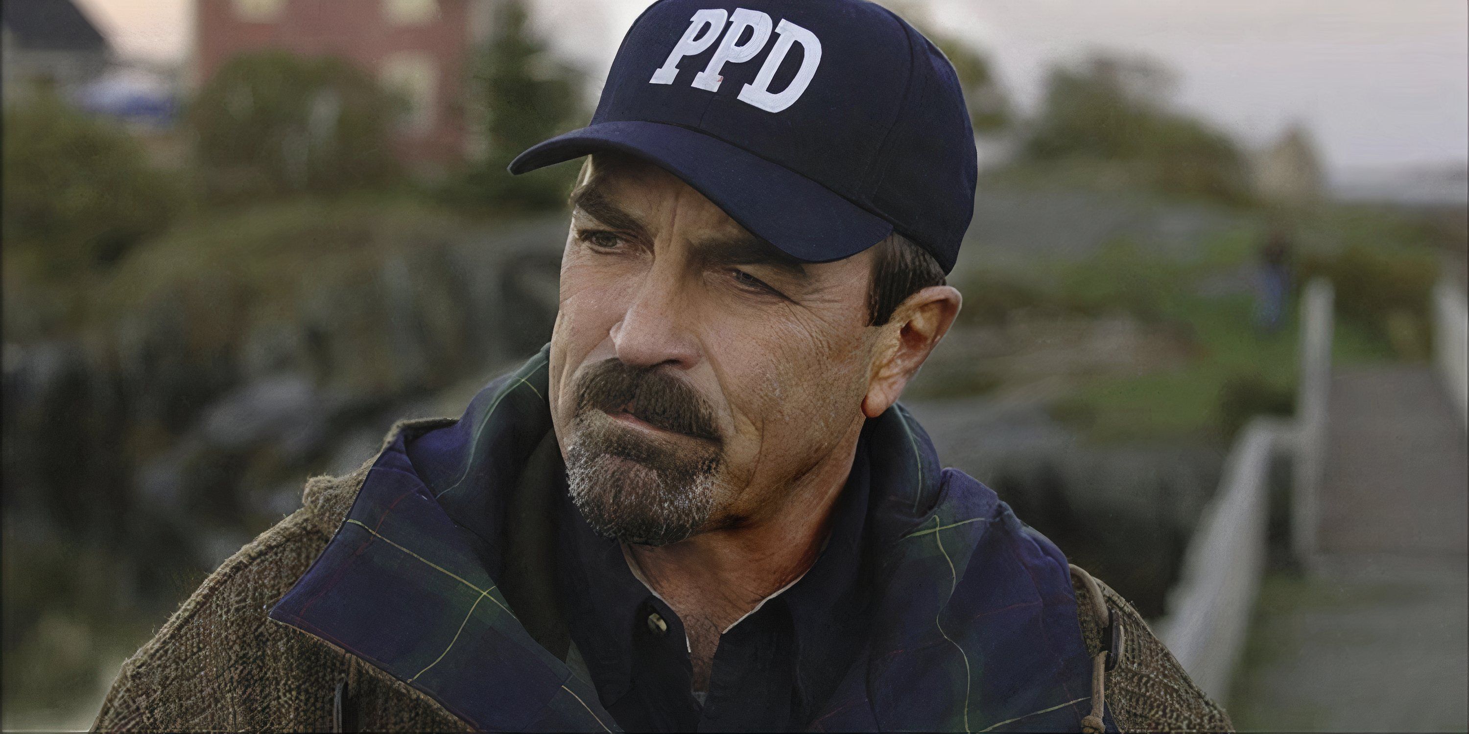 Jesse Stone (Tom Selleck) with his LAPD hat on in 'Jesse Stone: Death in Paradise.'