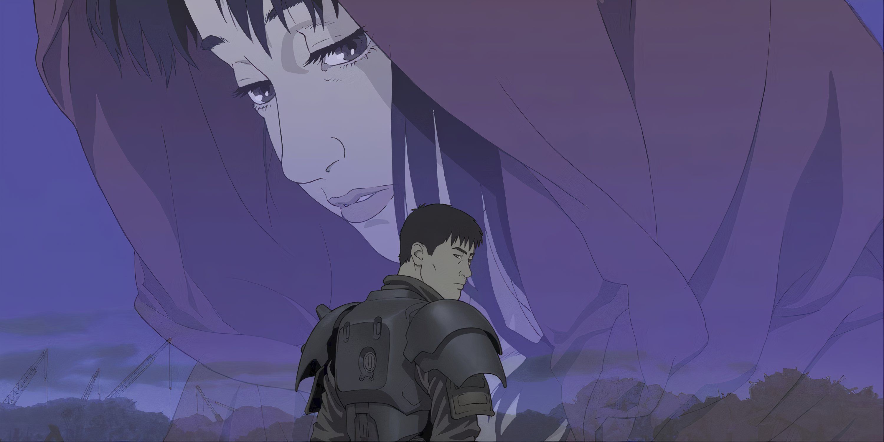 A man stands with his back to the camera with the spirit of a woman above him in Jin-Roh: The Wolf Brigade