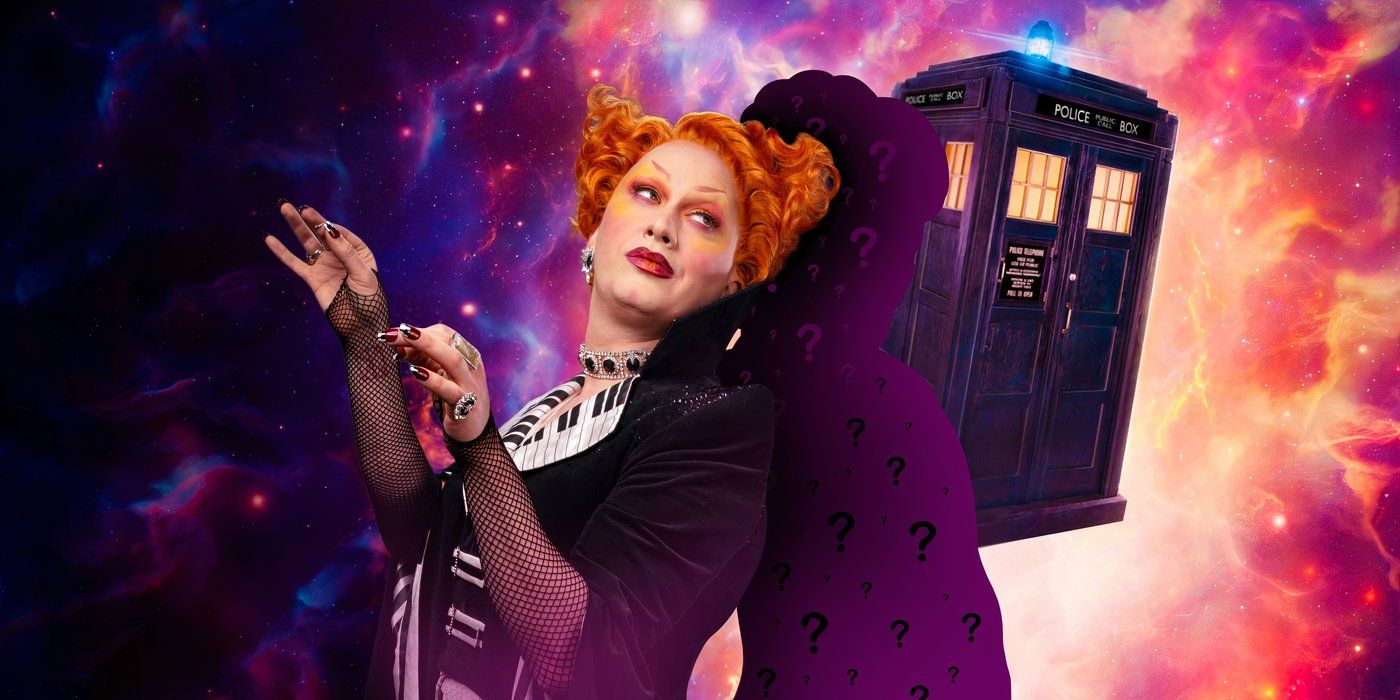 custom image of Jinkx Monsoon as Maestro next to a silhouette of Michelle Gomez's Missy in Doctor Who