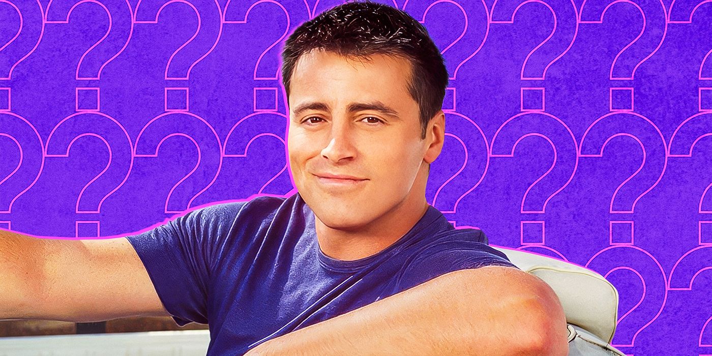 Matt LeBlanc as Joey Tribbiani, sitting in a car and smiling in front of a purple background of question marks