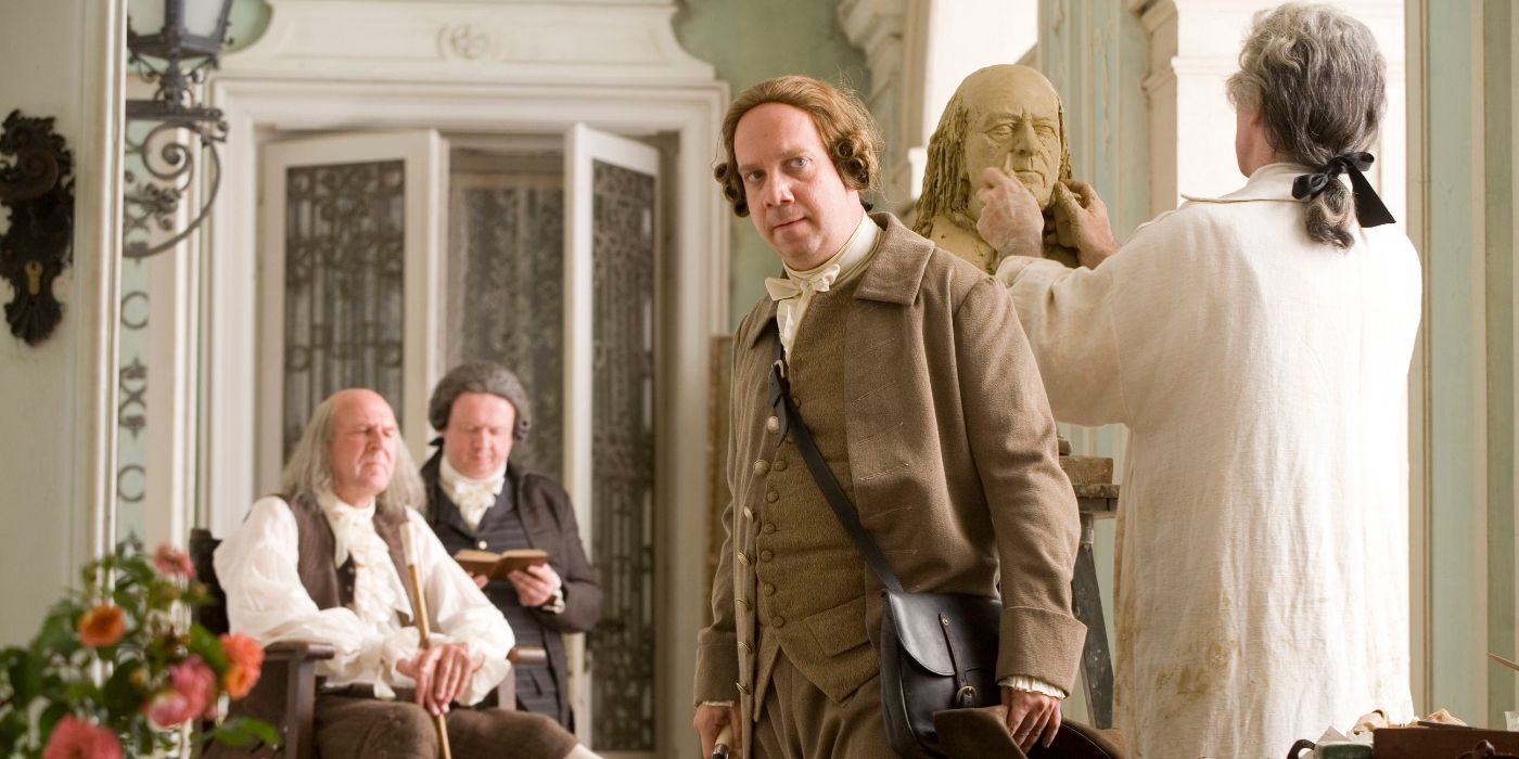 Tom Wilkinson getting his face sculptedand Paul Giamatti in HBO's John Adams