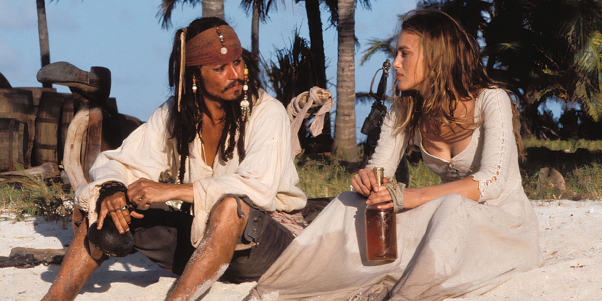 Jack Sparrow looking at Elizabeth Swann in Pirates of the Caribbean The Curse of the Black Pearl