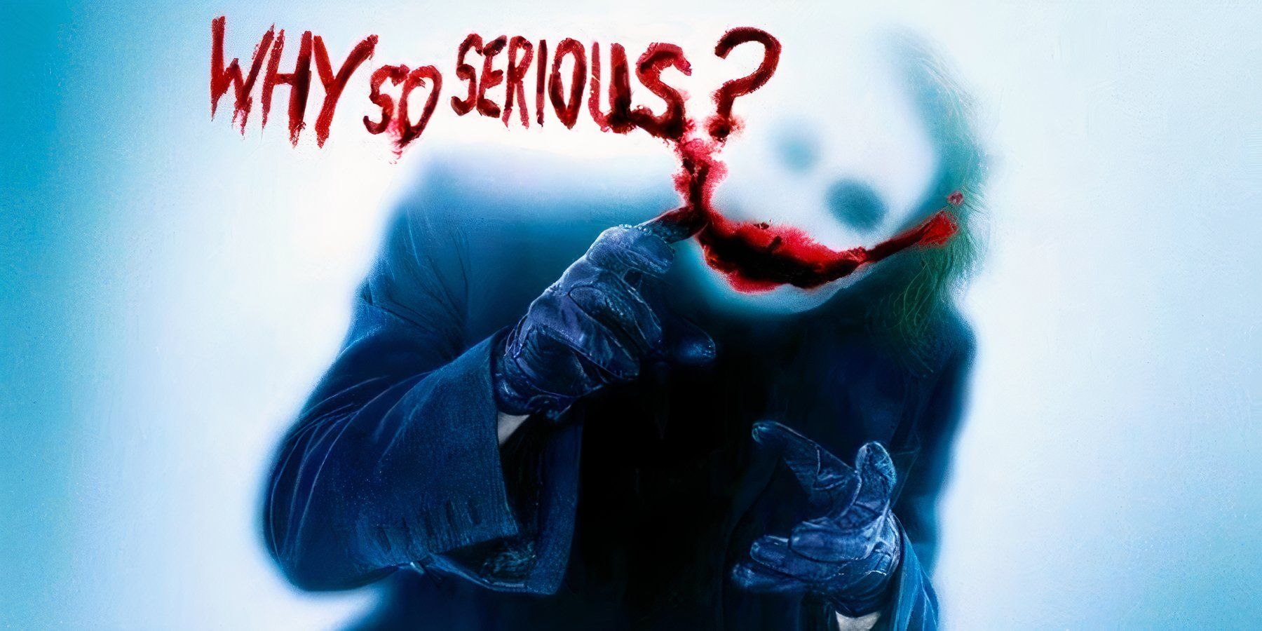 The Joker stands behind a frosted windowpane, painting the words “Why So Serious” onto the glass in blood.
