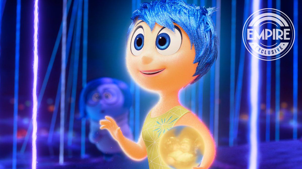 Joy walking through Riley's belief system filled with glowing blue strings in Inside Out 2