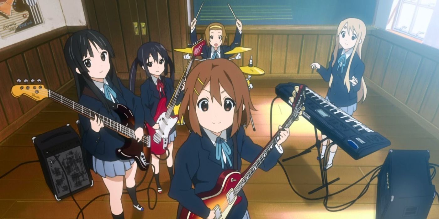 Characters in K-ON! play together in a musical band.