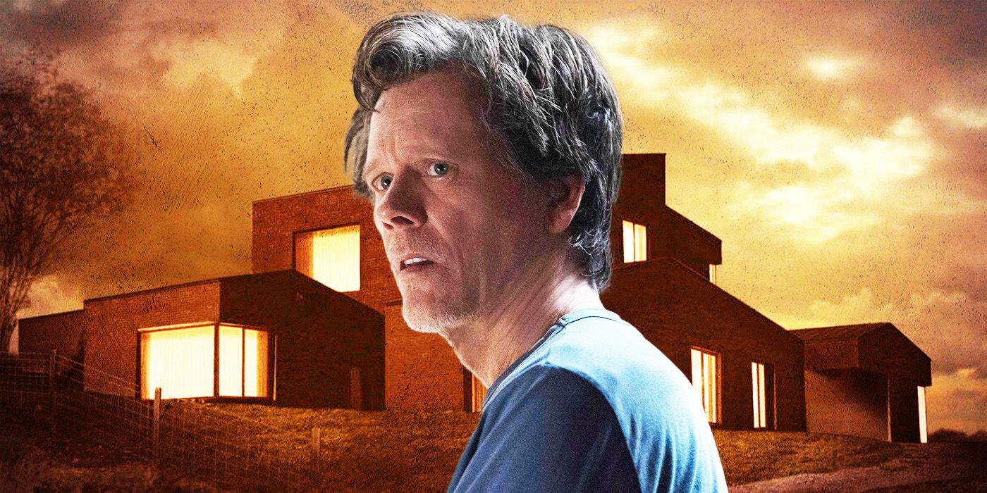 Kevin Bacon as Theo from 'You Should Have Left' against an orange background with a lit house behind him