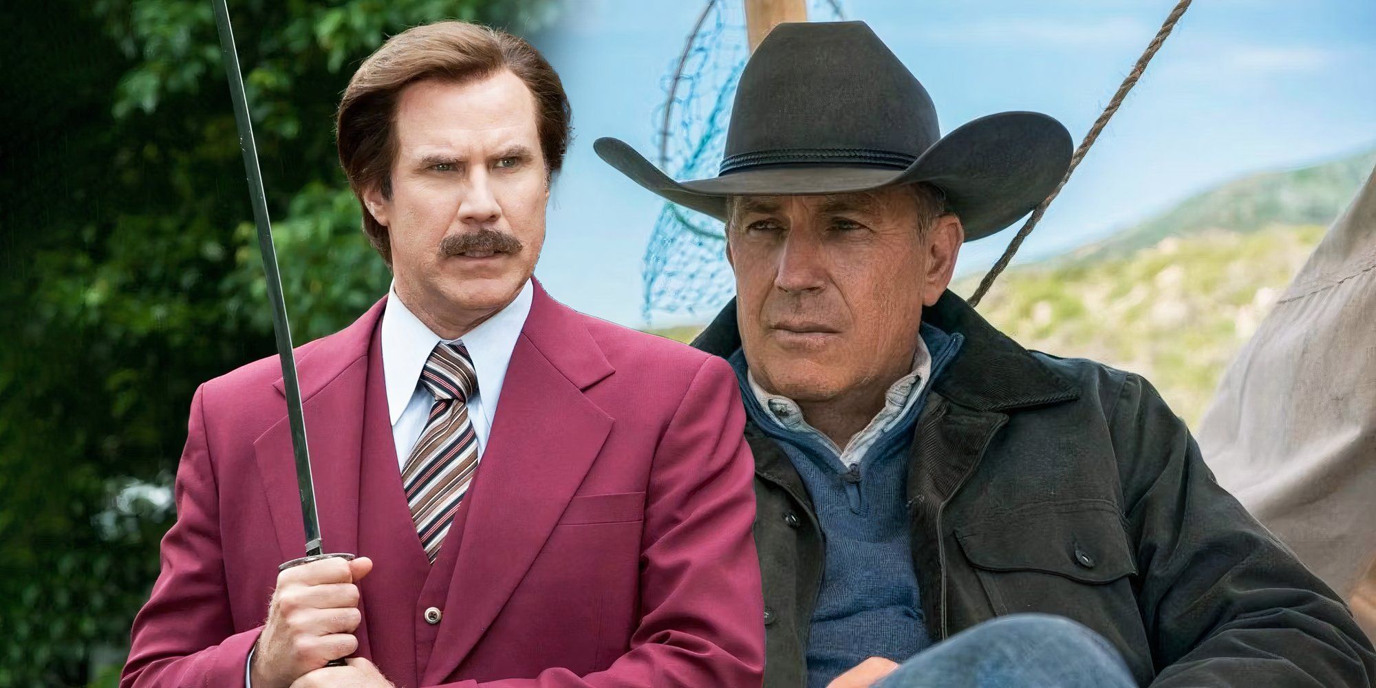 a composite image of Will Ferrell in Anchorman and Kevin Costner in Yellowstone
