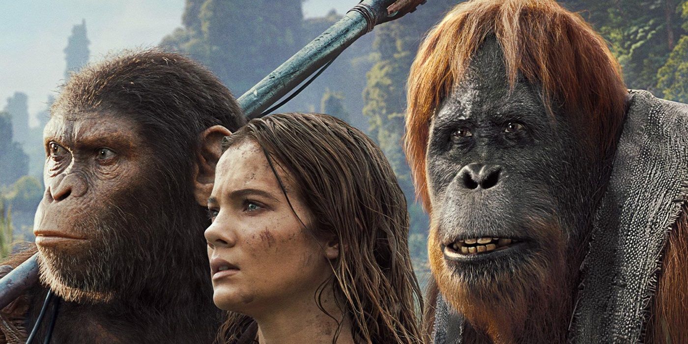 Noa, Mae, and Raka standing side by side on a cropped poster for Kingdom of the Planet of Apes