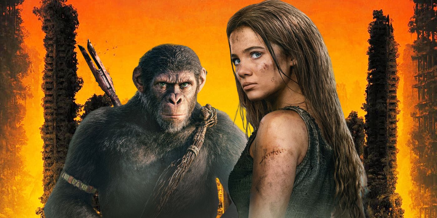 Owen Teague as Noa and Freya Allan as Mae from Kingdom of the Planet of the Apes looking at the screen
