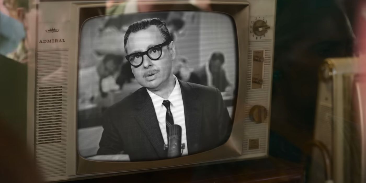 Kyle Dunnigan as Walter Cronkite on a black and white vintage television.
