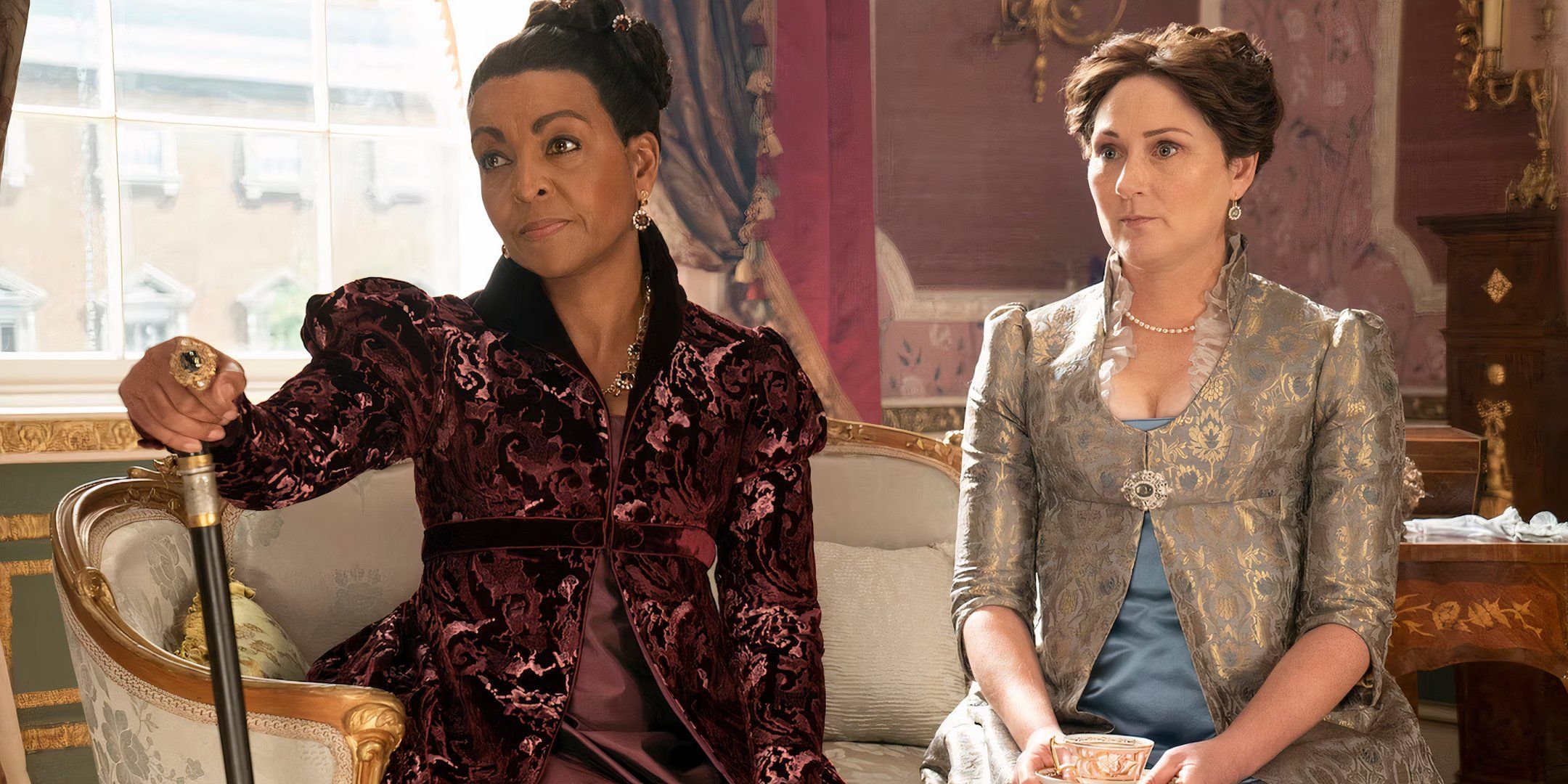 Adjoa Andoh as Lady Agatha Danbury and ruth Gemmel as Lady Bridgerton in Bridgerton.