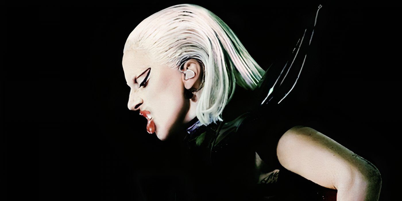Lady Gaga bending sideways and squinting her nose in a promo image for 'Gaga Chromatica Ball'