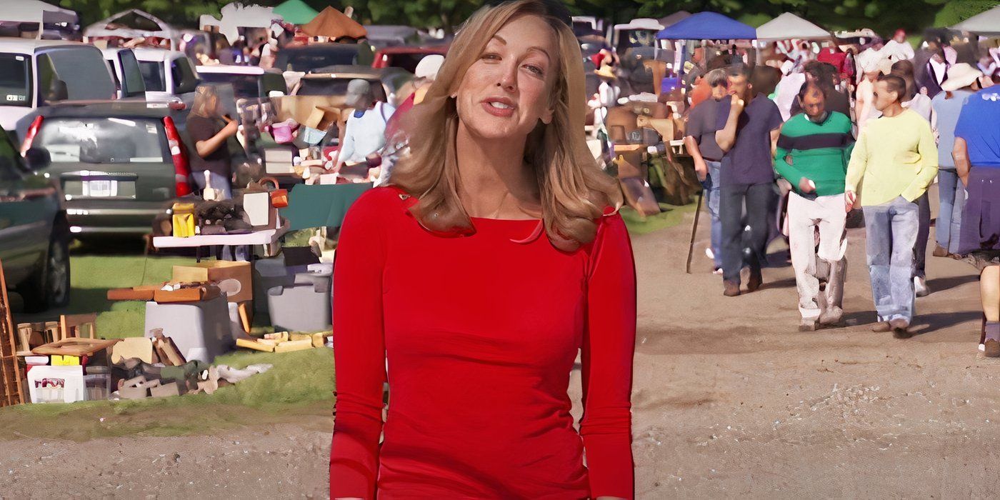 Lara Spencer, standing in the middle of a flea market while wearing a red shirt, in Flea Market Flip HGTV