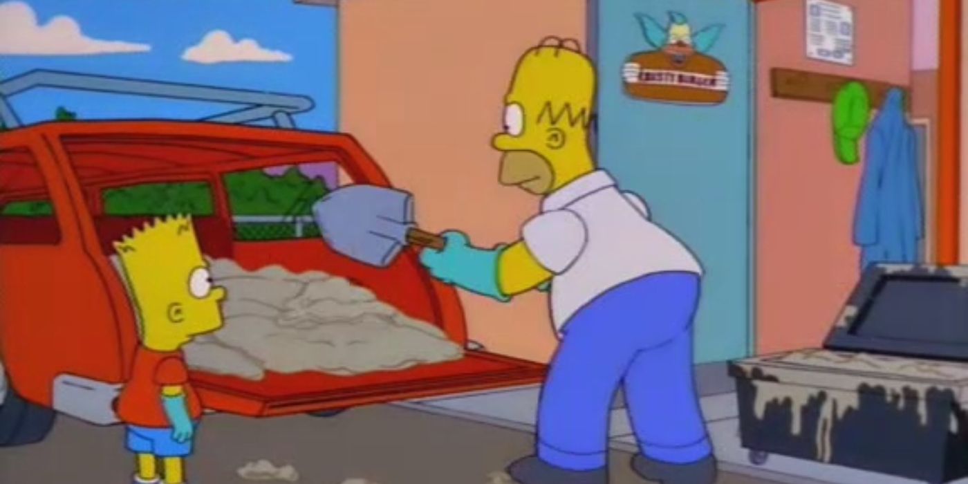 Homer fills the back of the car up with grease from Krusty Burger while Bart watches on bewildered in 'The Simpsons' Season 10, Episode 1 "Lard of the Dance" (1998).