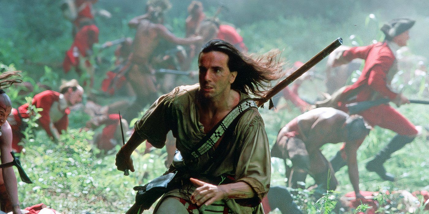 Hawkeye (Daniel Day-Lewis) runs into battle with British soldiers, a musket slung across his back