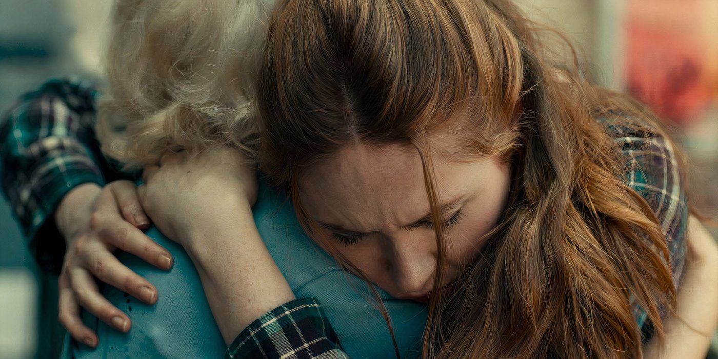 Karen Gillan as Louise tearfully hugs Margaret Sophie Stein in Late Bloomers