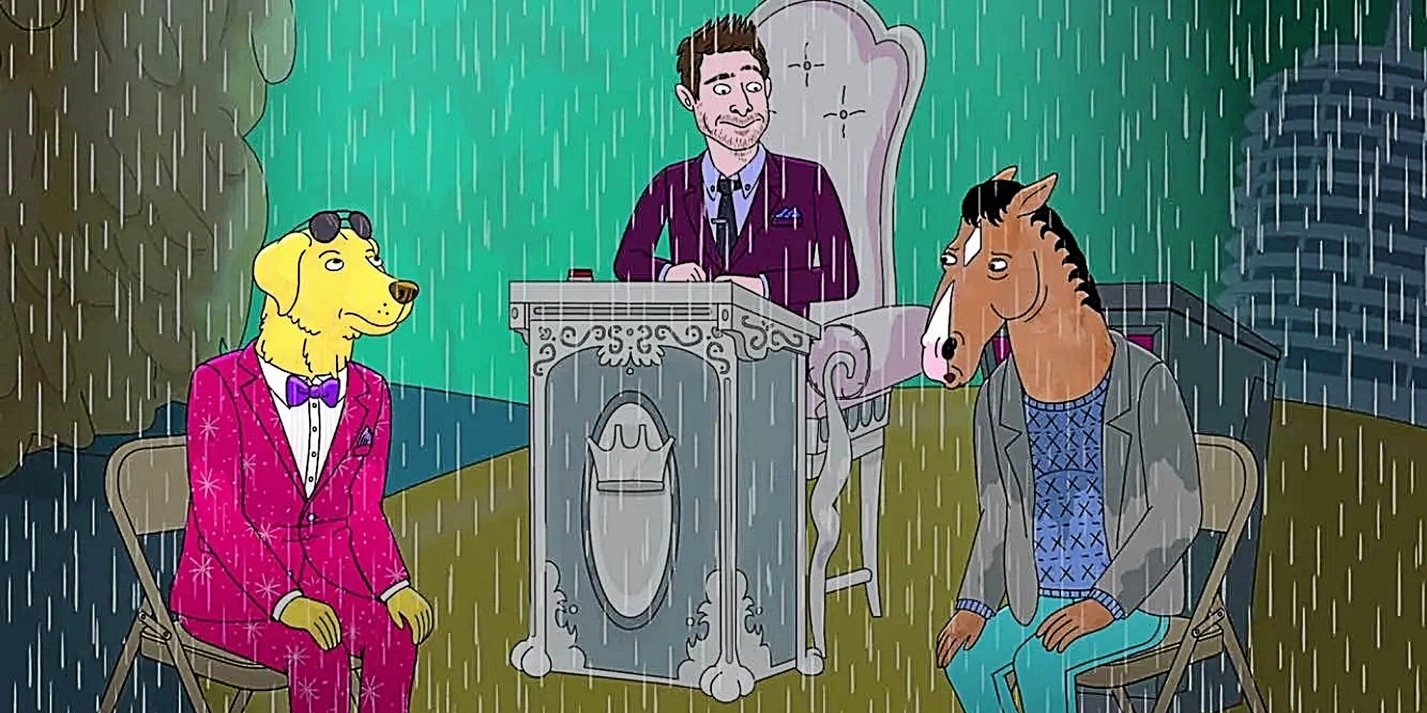 Bojack Horseman and Mr. Peanutbutter talking on 'HSACWDTKDTKTLFO' led by Daniel Radcliffe on Bojack Horseman