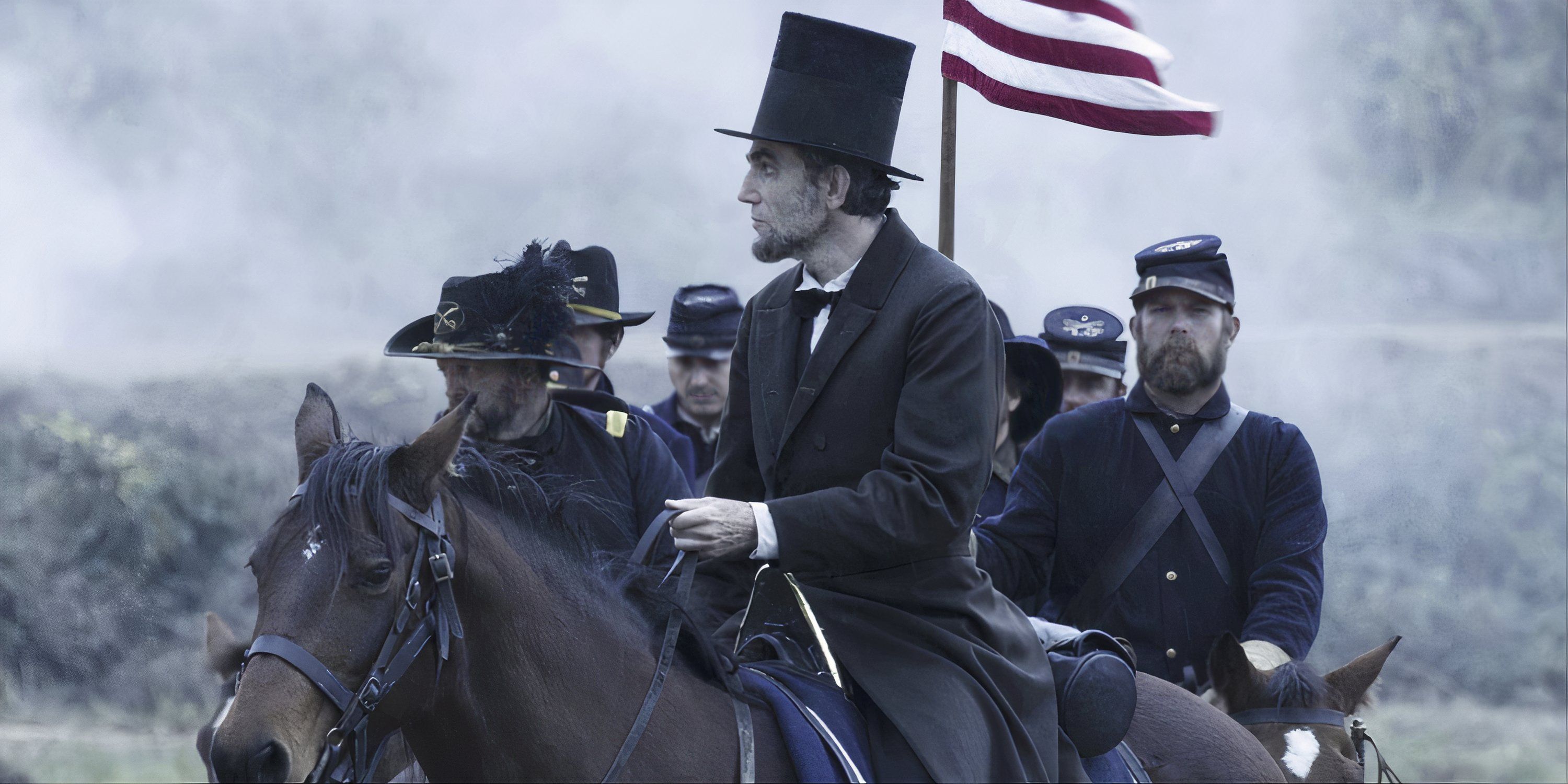 Daniel Day-Lewis as Abraham Lincoln rides a horse with other soldiers in Lincoln