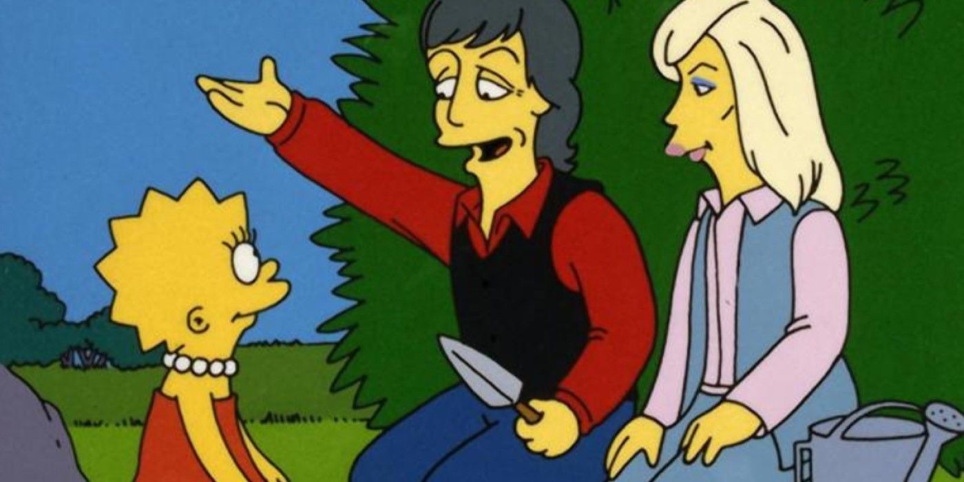 Lisa talks with Paul and Linda McCartney in the rooftop garden in The Simpsons