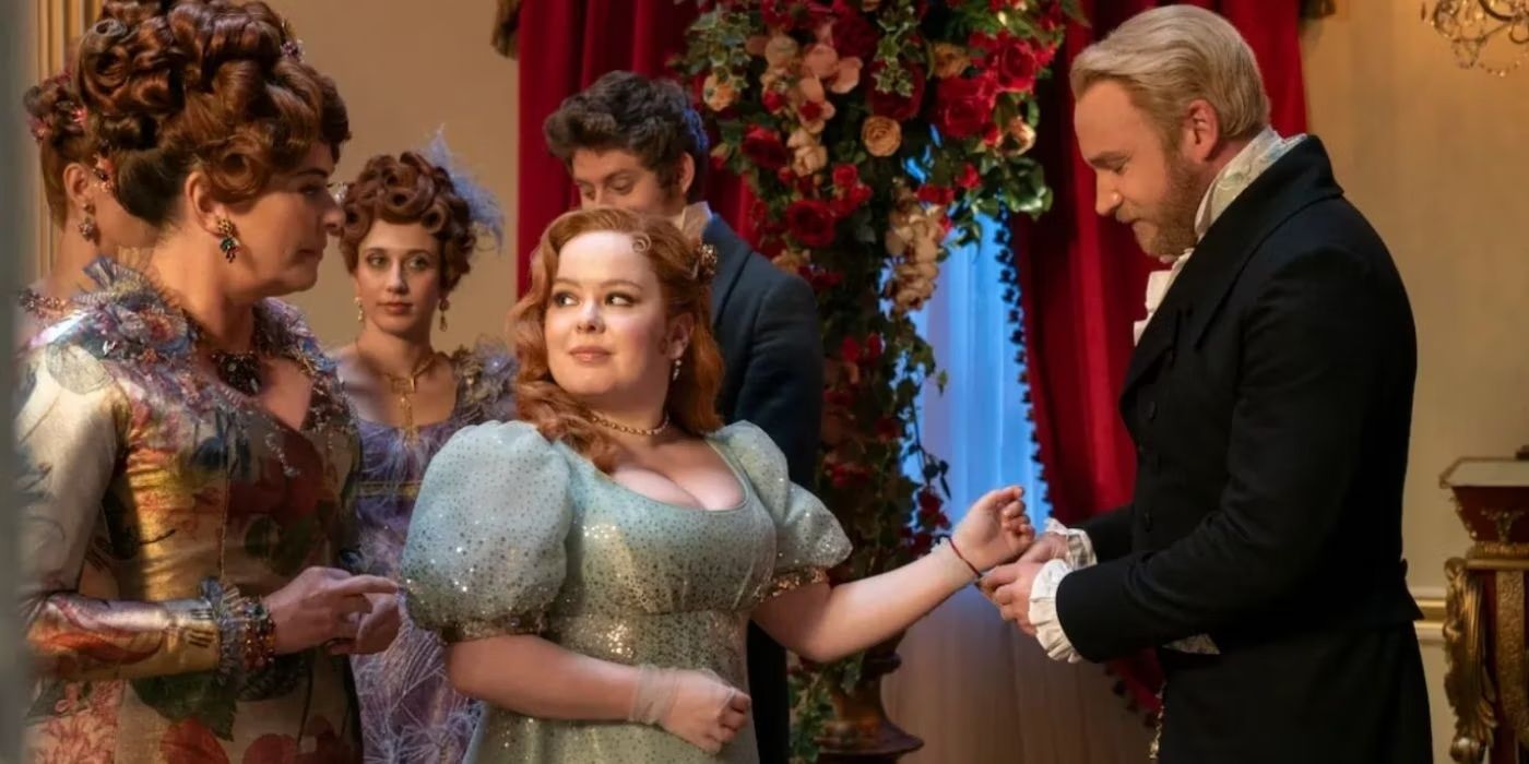 Polly Walker as Portia gazes as Lord Debling, played by Sam Phillips, greets Penelope, played by Nicola Coughlan, in Bridgerton