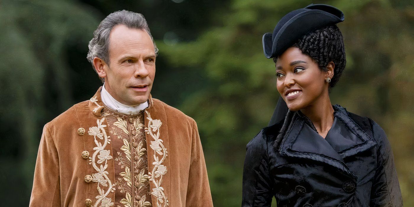 Agatha (Arsema Thomas) and Lord Ledger (Keir Charles) on a walk in Queen Charlotte: A Bridgerton Story