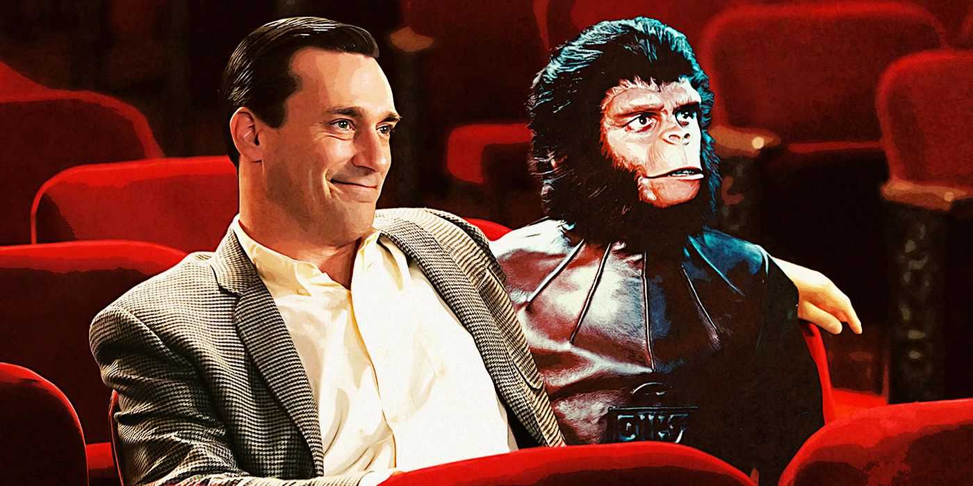 Jon Hamm from Mad Men sitting in a movie theater next to Cornelius from Planet of the Apes