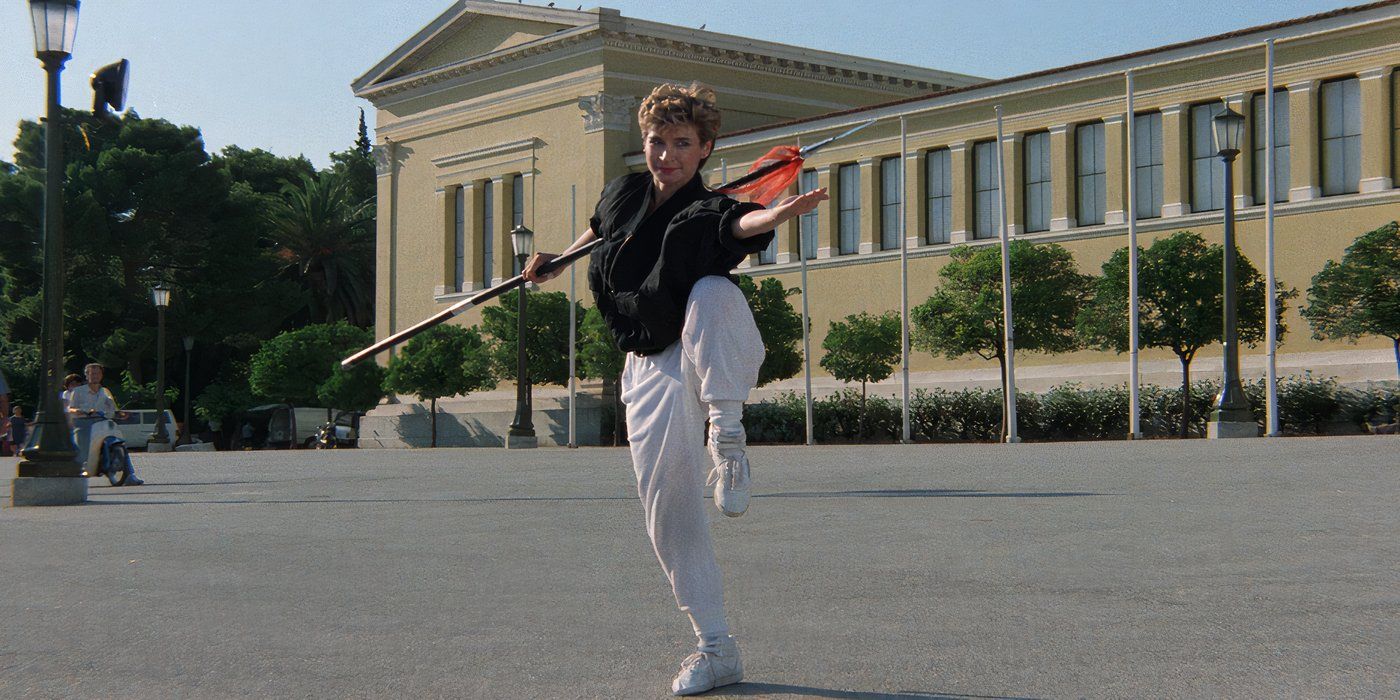 Cynthia Rothrock posing with a weapon in Magic Crystal