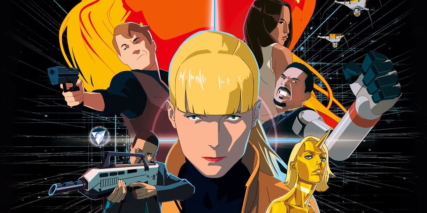 A poster for Mars Express with a bunch of characters against a sci-fi backdrop. 