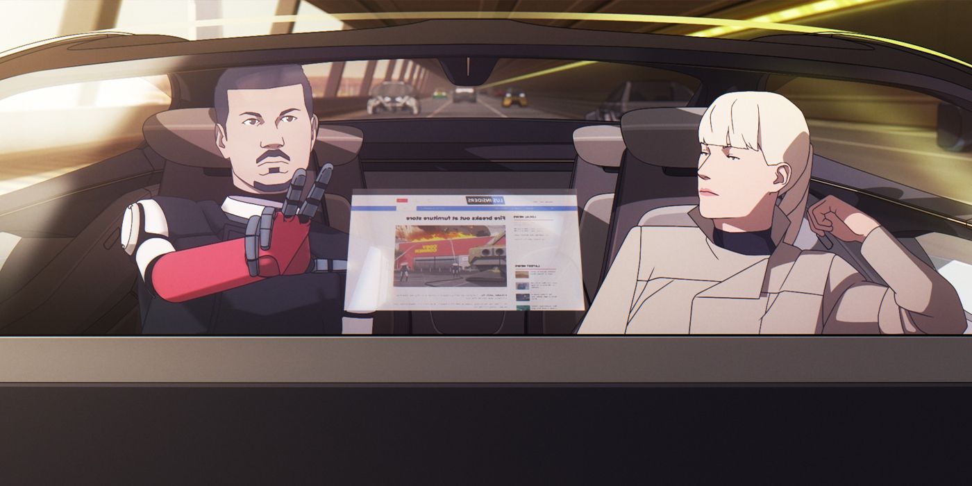 Aline Ruby and Carlos Rivera sit in a car looking at a news report in Mars Express.