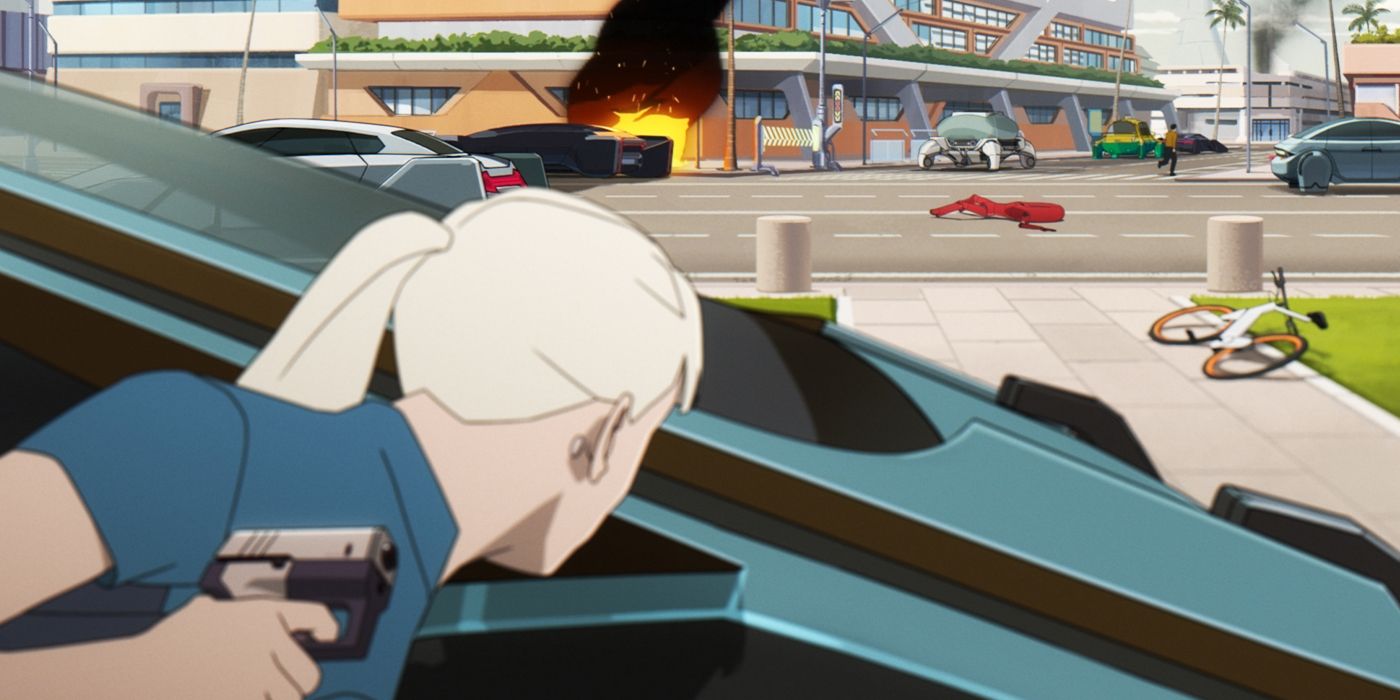 Aline Ruby ducks behind a car while a vehicle is on fire in a still from Mars Express.